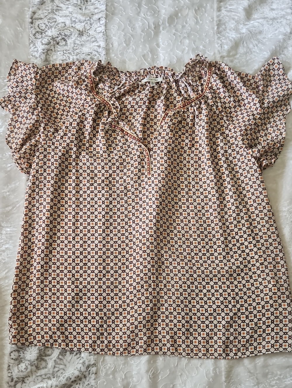 Max Studio Peach Geometric Ruffle-Sleeve Peasant Blouse - Large